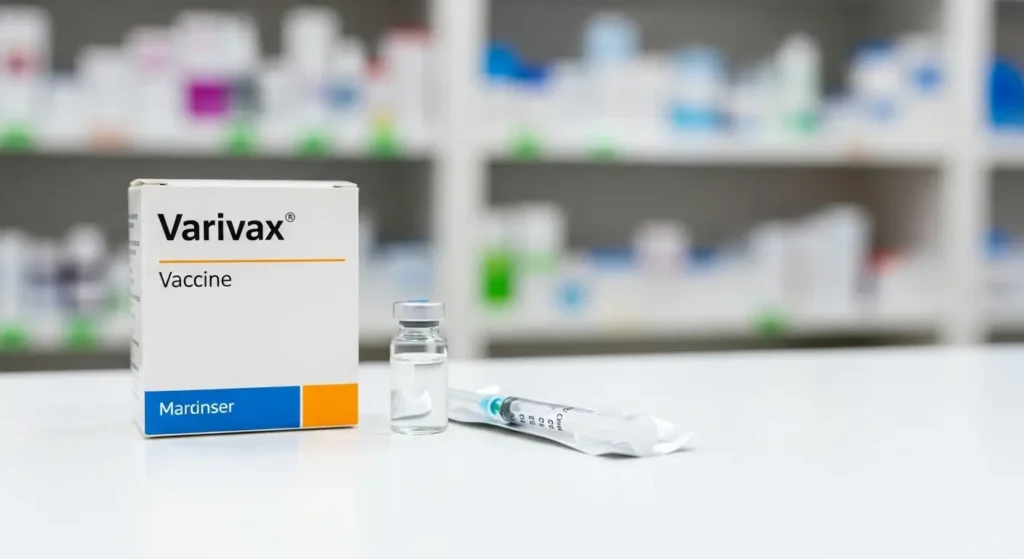 Boîte de vaccin varicelle Varivax posée sur le comptoir de pharmacie marocaine
