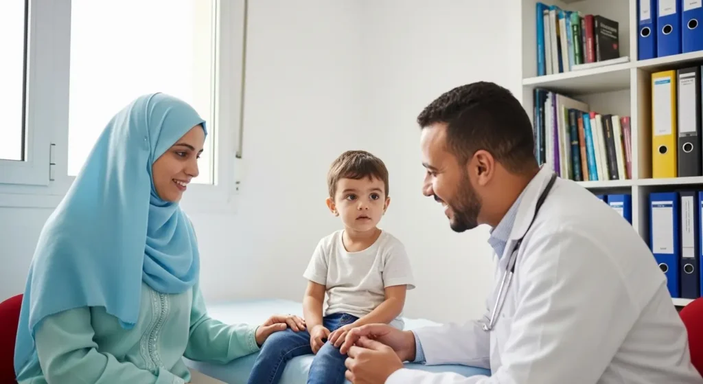 Consultation pédiatrique de suivi au Maroc — père et enfant chez le médecin