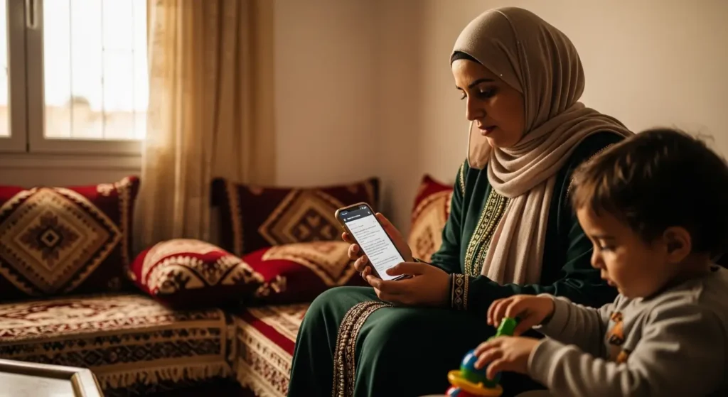 Mère marocaine recherchant un pédiatre en ligne sur smartphone pour son enfant