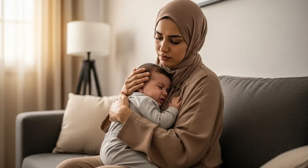 Mère marocaine tenant son bébé qui pleure à cause de coliques