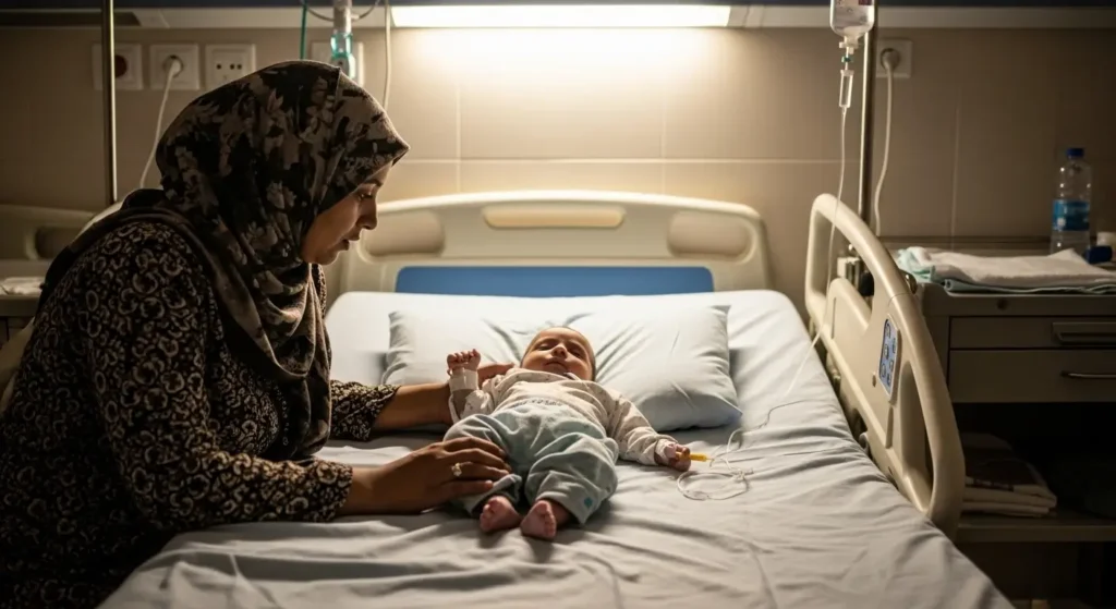 Nourrisson marocain déshydraté sous perfusion dans un service de pédiatrie, illustrant les complications du rotavirus