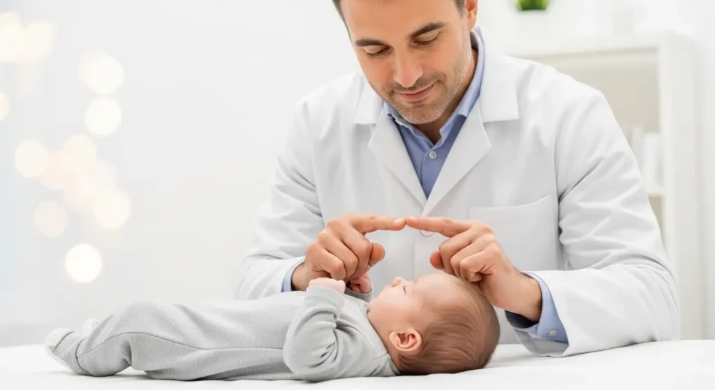 Ostéopathe effectuant une technique crânienne douce sur un nourrisson en cabinet