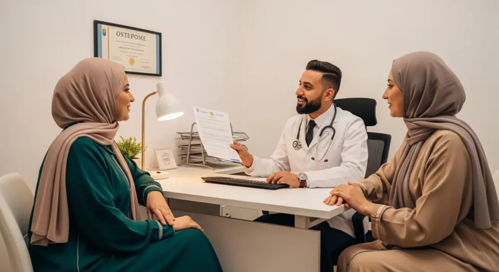 Parents marocains en consultation avec un ostéopathe pédiatrique qualifié