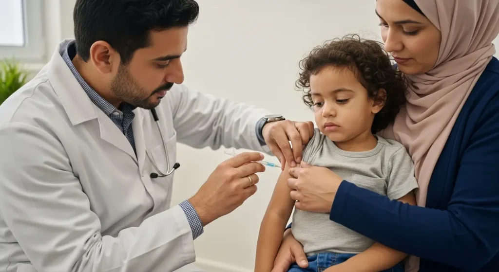 Pédiatre marocain administrant le vaccin varicelle Varivax à un jeune enfant en clinique privée