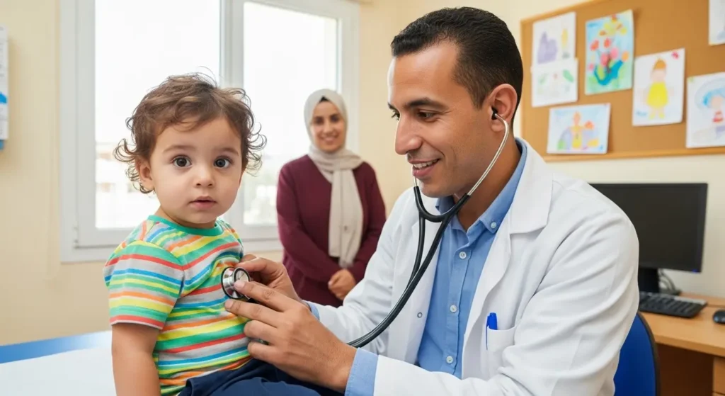 Pédiatre marocain examinant un enfant en bas âge lors d une consultation de suivi