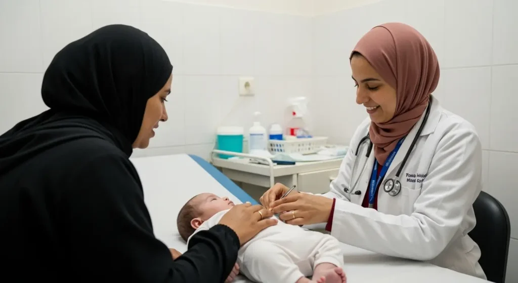Pédiatre marocaine examinant un nourrisson avant une orientation vers un ostéopathe