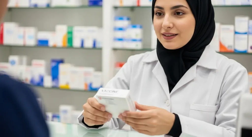 Pharmacien marocain présentant le vaccin Varivax en pharmacie privée au Maroc