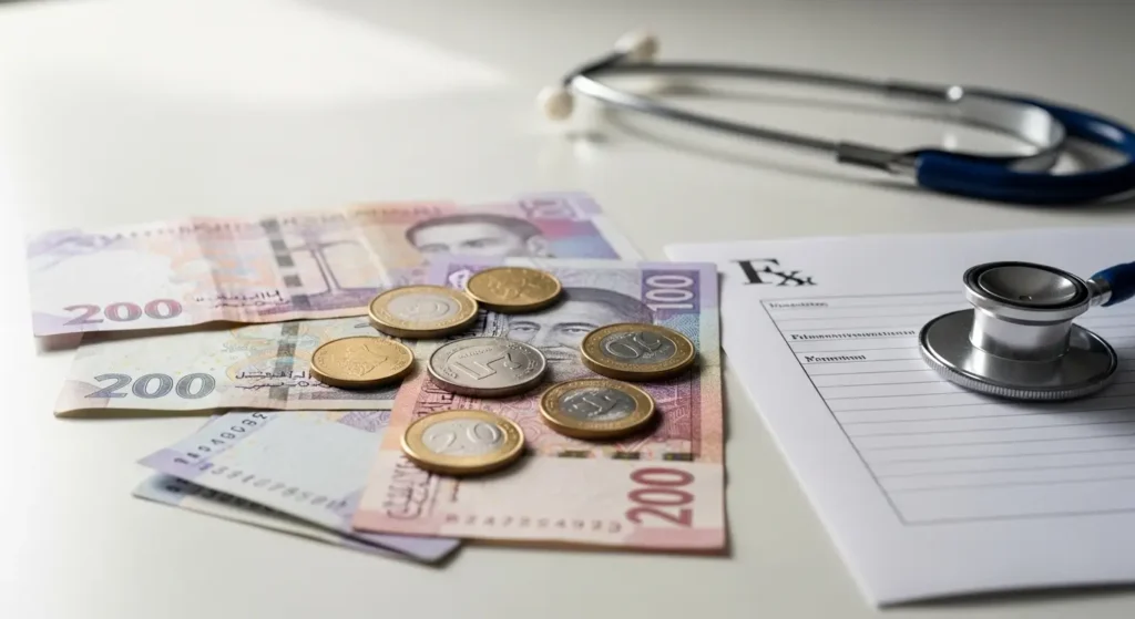 Prix consultation pédiatre Maroc — billets de dirhams et ordonnance médicale